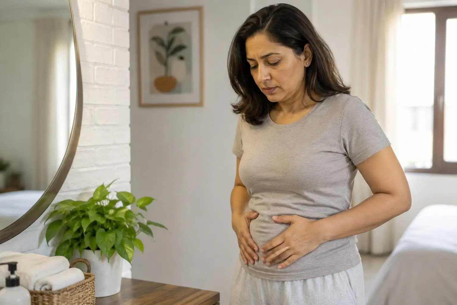 Woman experiencing hormonal bloating and water retention during perimenopause while gently holding her abdomen at home.