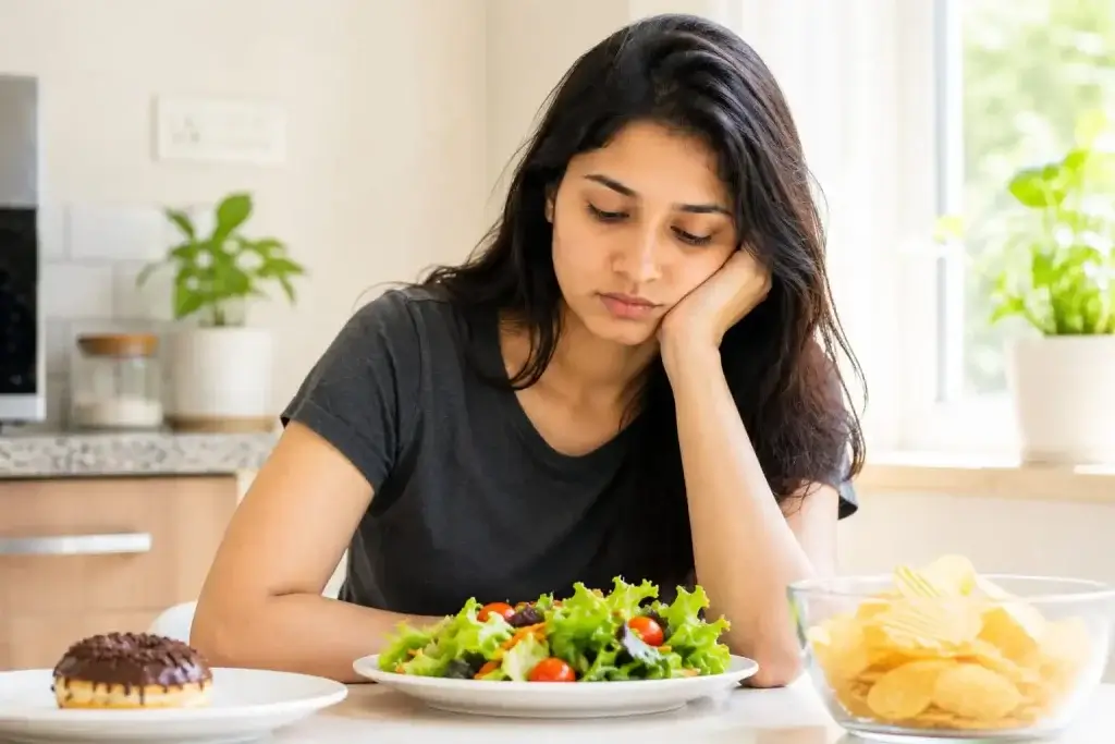 Woman experiencing constant hunger while choosing between healthy and processed foods, illustrating leptin resistance and appetite regulation in women.