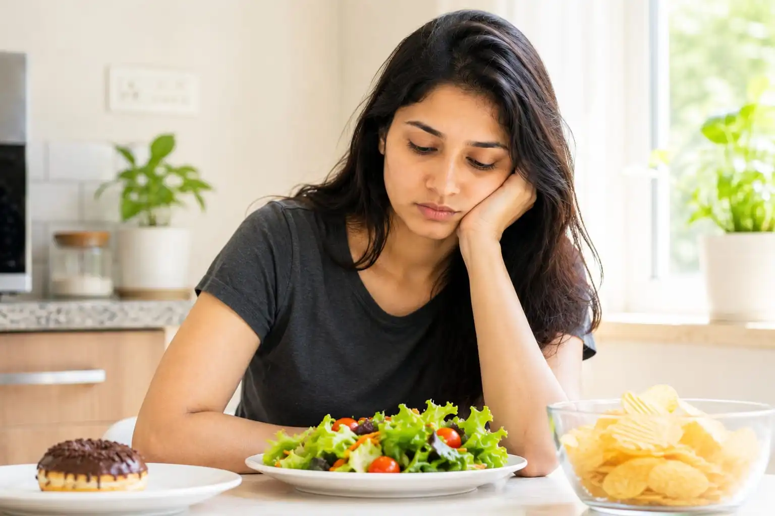Woman experiencing constant hunger while choosing between healthy and processed foods, illustrating leptin resistance and appetite regulation in women.