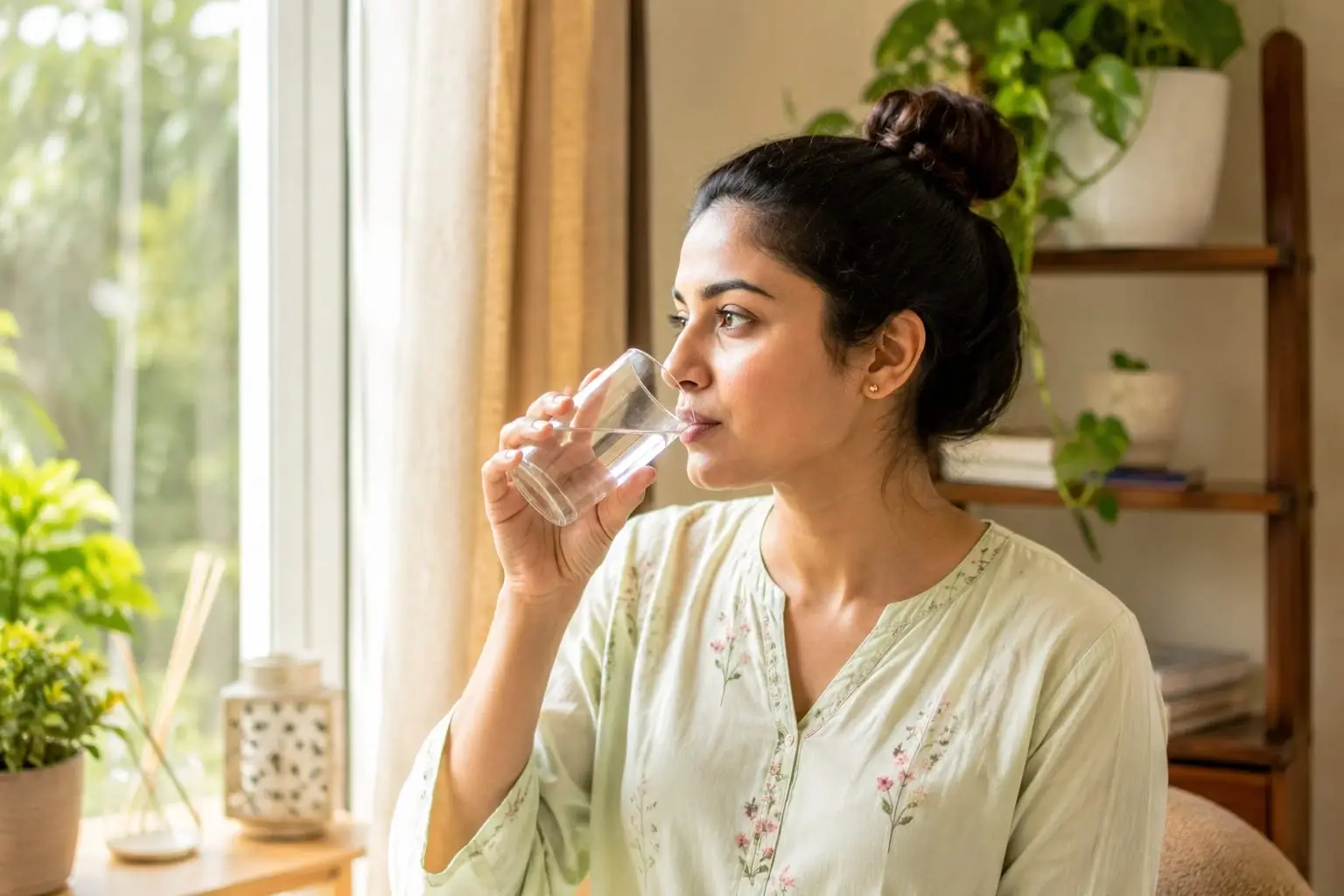 Indian woman drinking water at home, representing vasopressin hormone, hydration, water balance, and women's hormonal health.