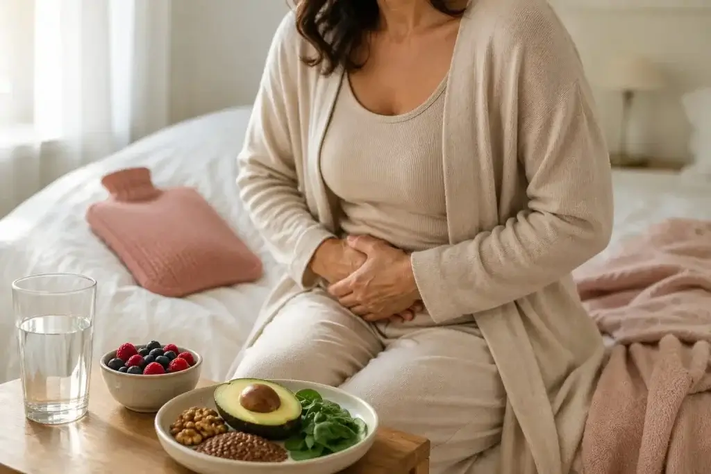 Woman experiencing vaginal dryness during menopause with healthy foods and hydration to support vaginal health and overall wellbeing