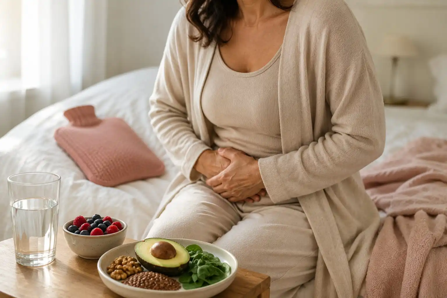 Woman experiencing vaginal dryness during menopause with healthy foods and hydration to support vaginal health and overall wellbeing