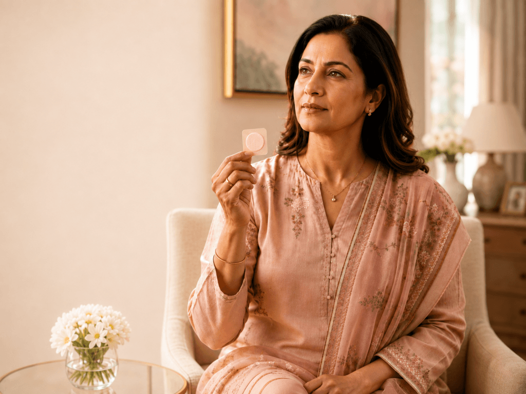 Estrogen Patch on Buttocks or Abdomen hero image showing a thoughtful Indian woman holding an estrogen patch, representing safe HRT patch placement, application sites, site rotation and doctor-guided menopause care.