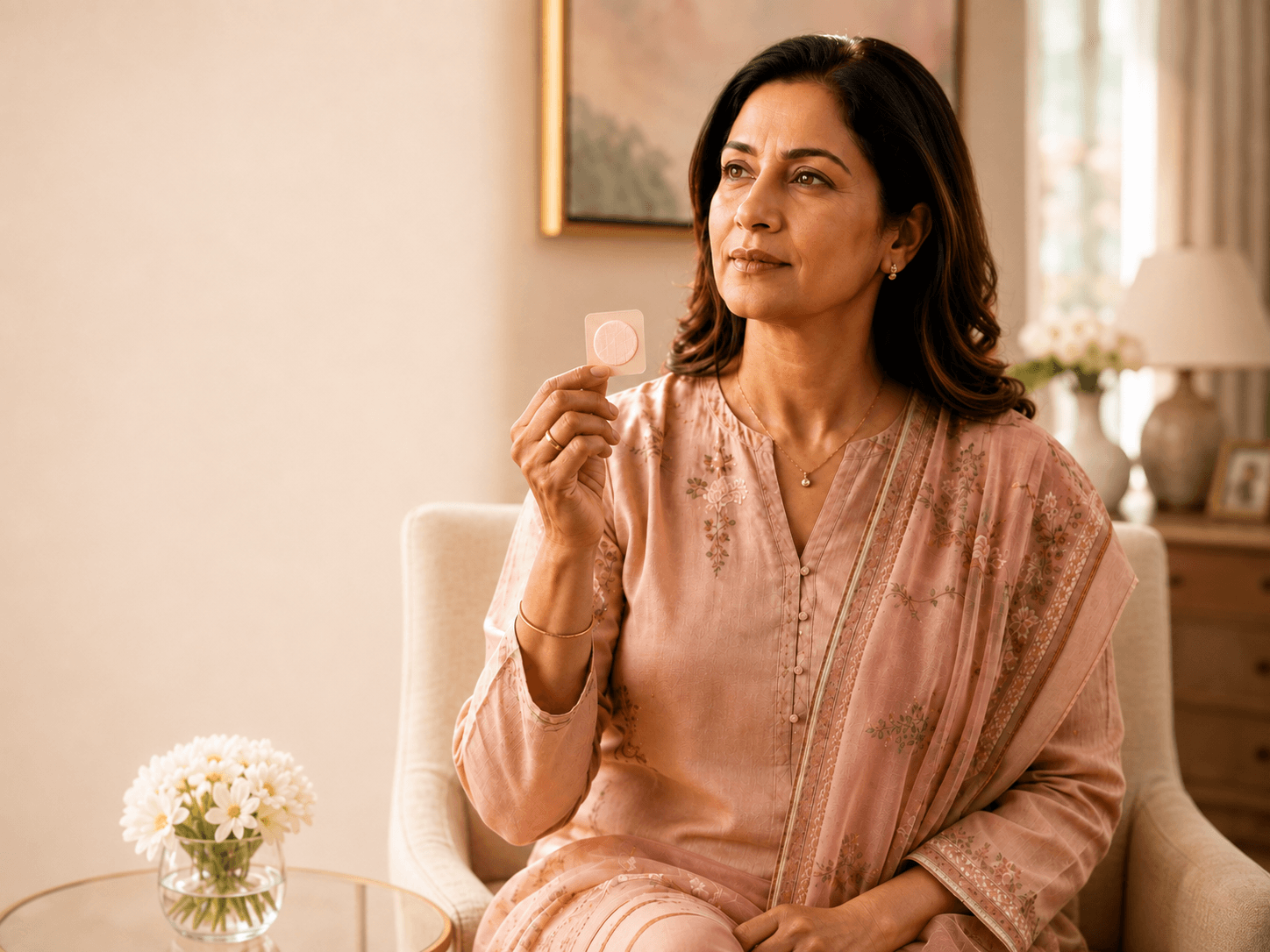 Estrogen Patch on Buttocks or Abdomen hero image showing a thoughtful Indian woman holding an estrogen patch, representing safe HRT patch placement, application sites, site rotation and doctor-guided menopause care.
