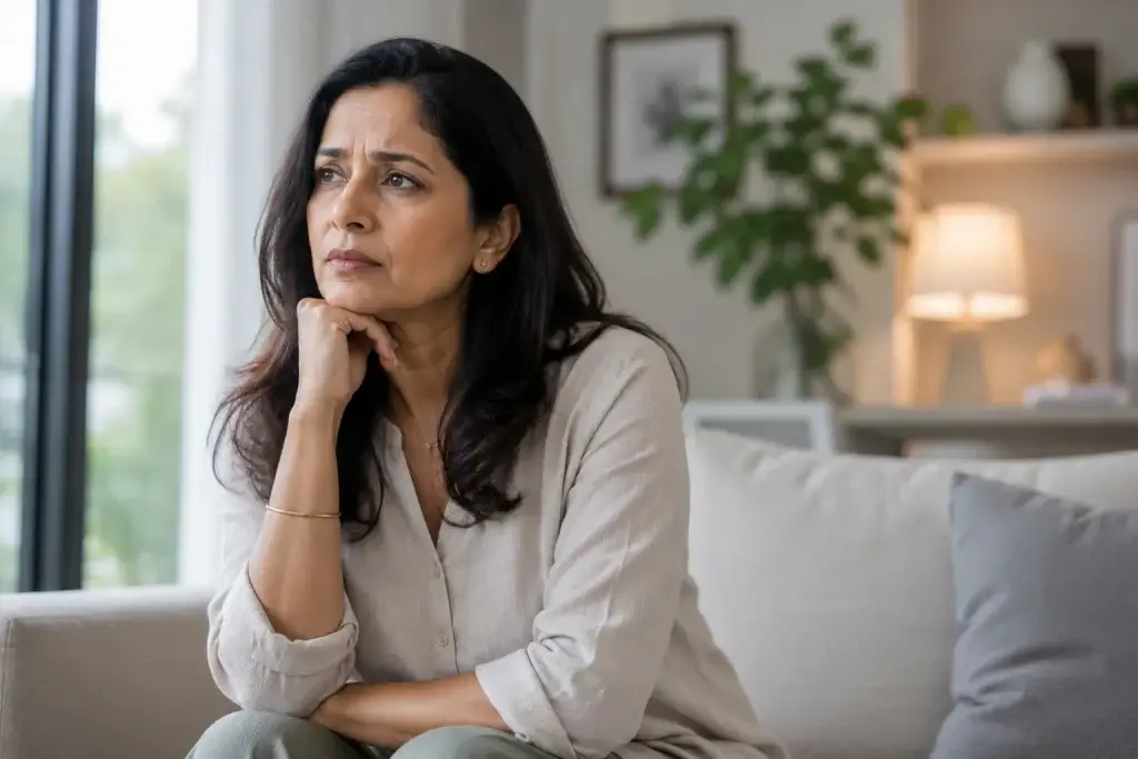 Indian woman reflecting on menopause symptoms and changing estrogen levels during menopause in a bright home setting