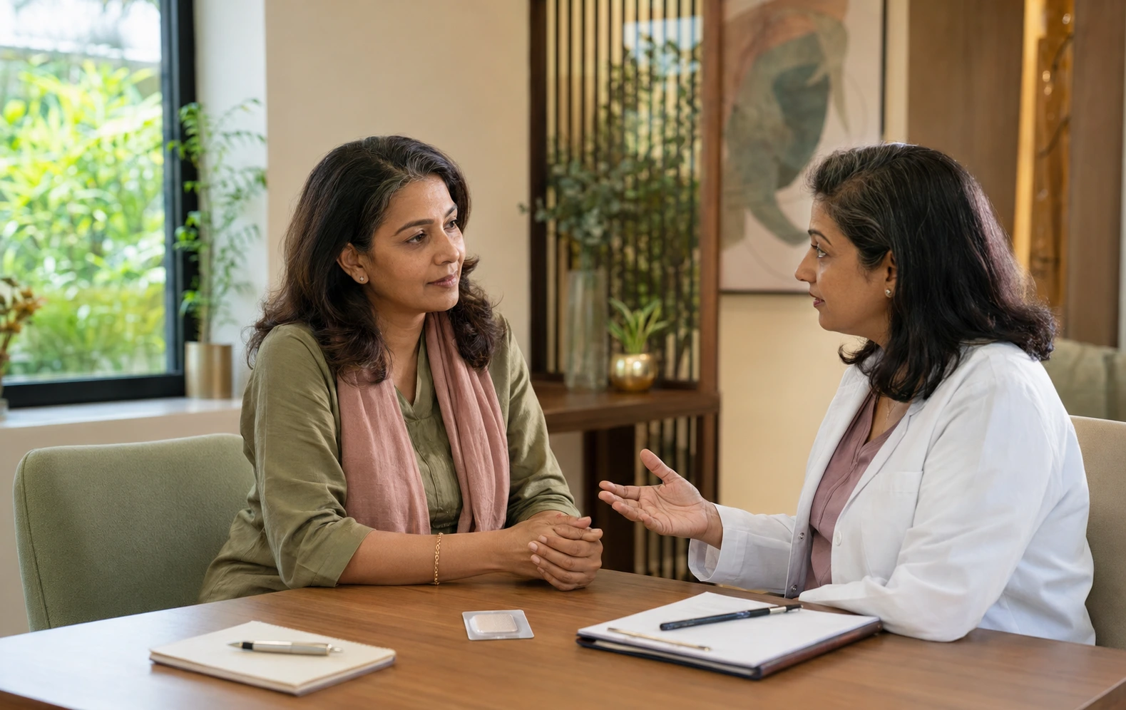 Bioidentical estrogen patch: Indian perimenopausal woman discussing body-identical HRT with her doctor.