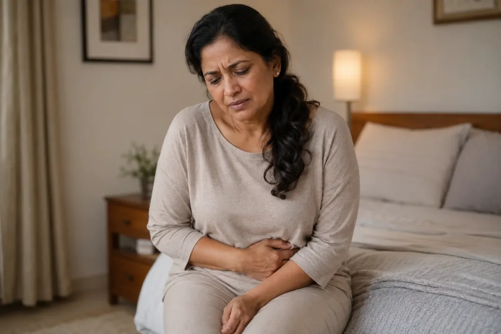 Indian woman experiencing pelvic discomfort linked to painful sex after menopause and GSM