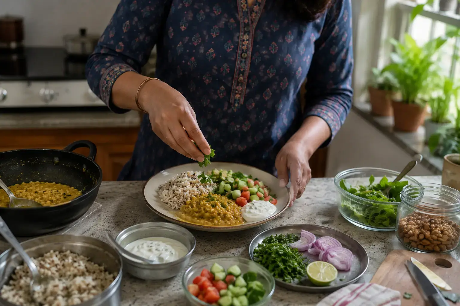 Woman preparing a balanced meal to support healthy eating through perimenopause age