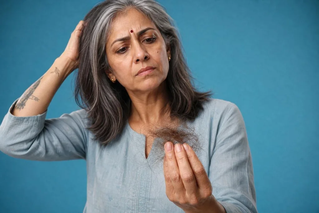 Estrogen patch and hair loss: Indian woman experiencing menopausal hair thinning and shedding.