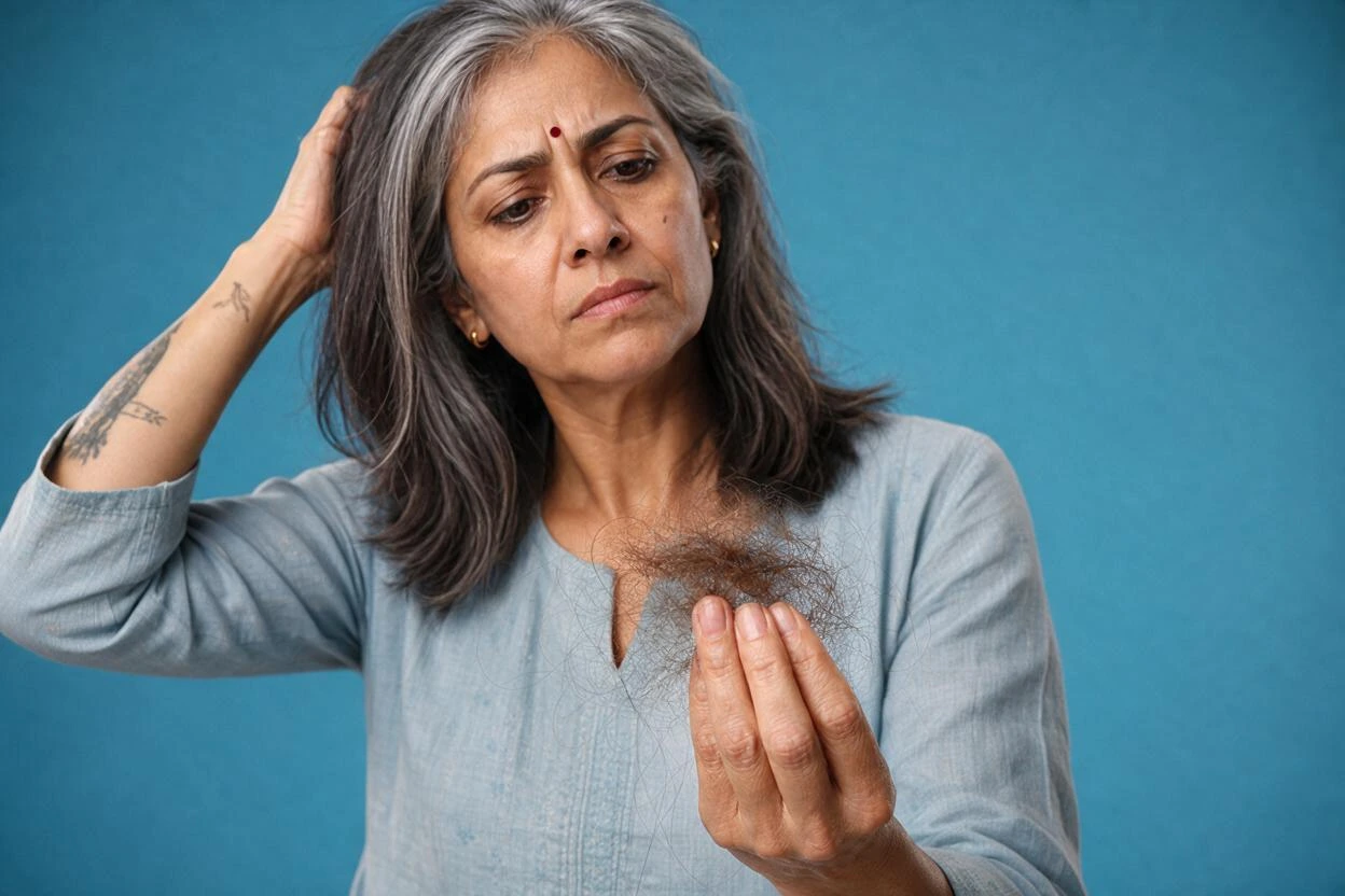 Estrogen patch and hair loss: Indian woman experiencing menopausal hair thinning and shedding.