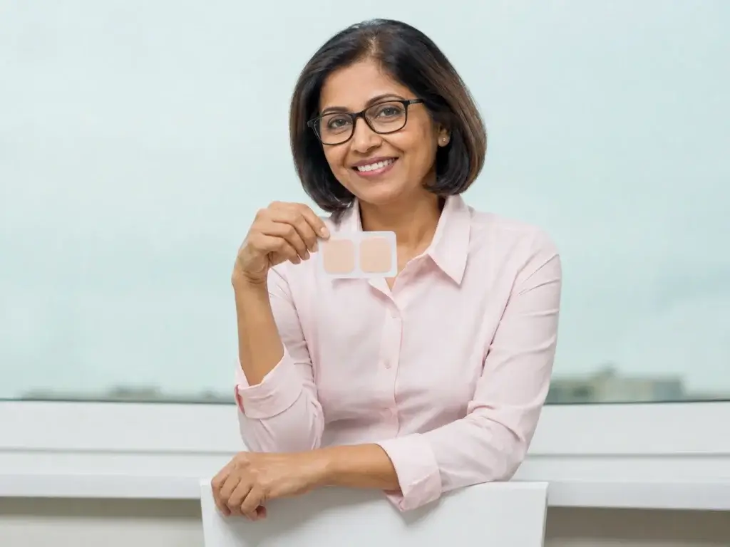 Indian midlife woman smiling and holding estrogen patches, representing estrogen patch for menopause and hormone replacement therapy options.