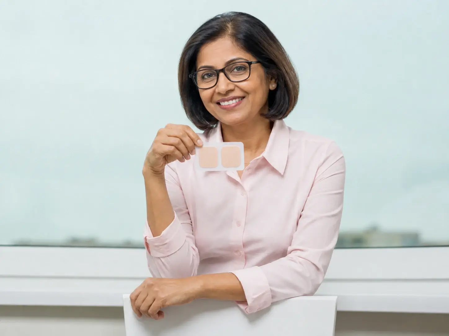 Indian midlife woman smiling and holding estrogen patches, representing estrogen patch for menopause and hormone replacement therapy options.