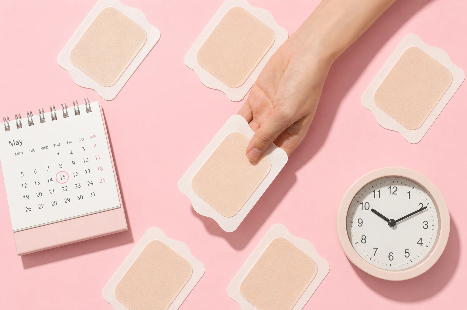 How long for estrogen patch to work: menopause HRT patches shown with a calendar and clock.