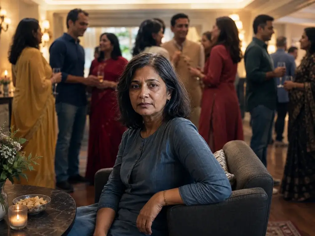 Loneliness in menopause: Indian woman feeling alone while surrounded by people