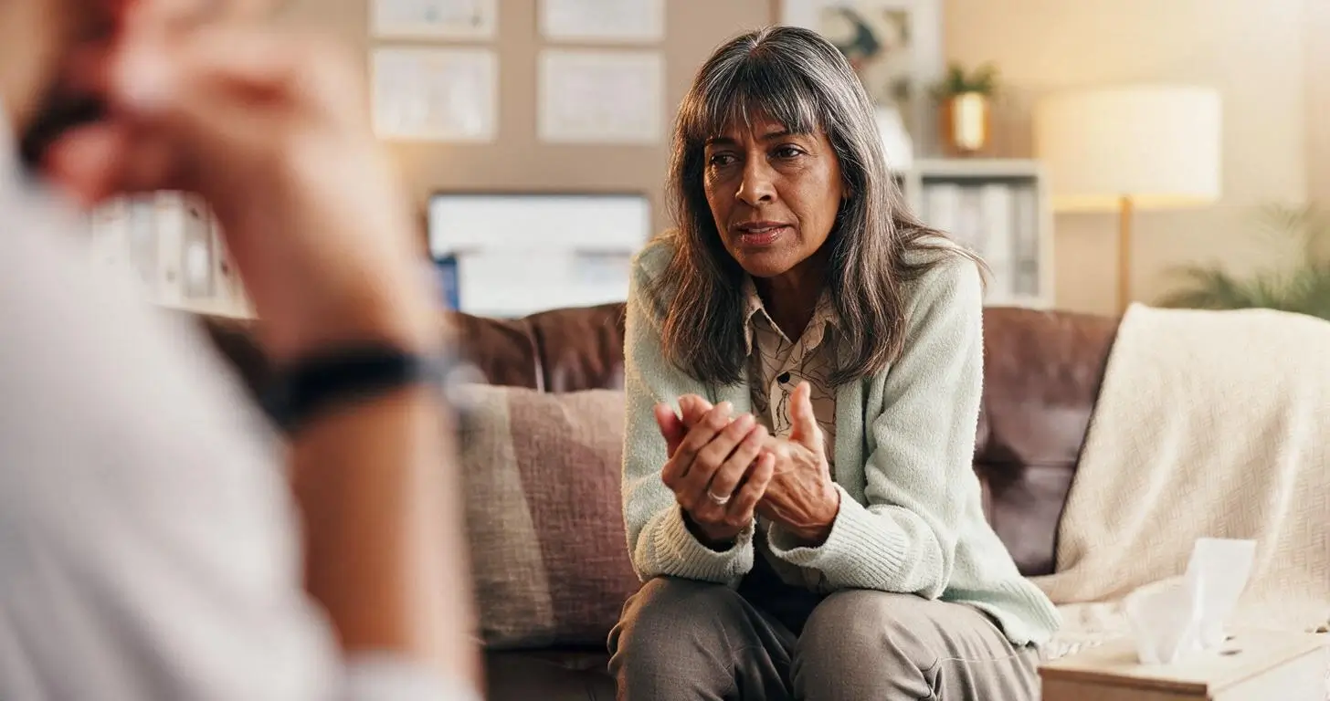Menopause depression treatment: midlife woman speaking with a mental health professional