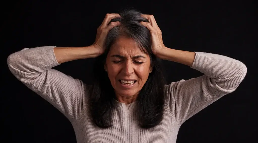 Woman experiencing menopause panic attacks with intense anxiety and distress.
