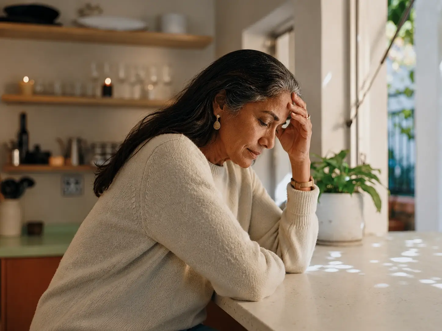 Indian woman in midlife reflecting by a window, representing menopause mental health and emotional changes