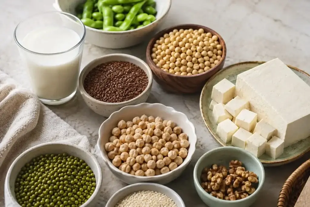 Estrogen rich foods for menopause including soybeans, tofu, flaxseeds, chickpeas and sesame seeds