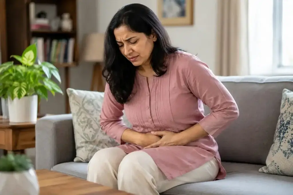 Indian woman experiencing menopause pelvic pain and discomfort in the lower abdomen
