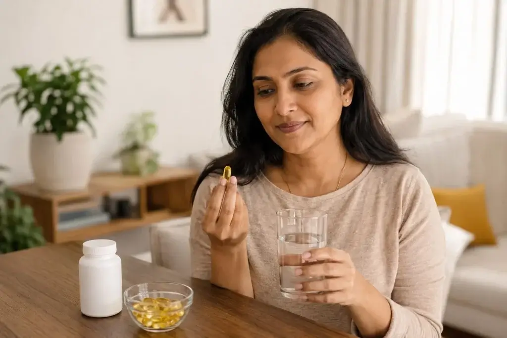 Best evening primrose oil for menopause, Indian woman considering an evening primrose oil supplement
