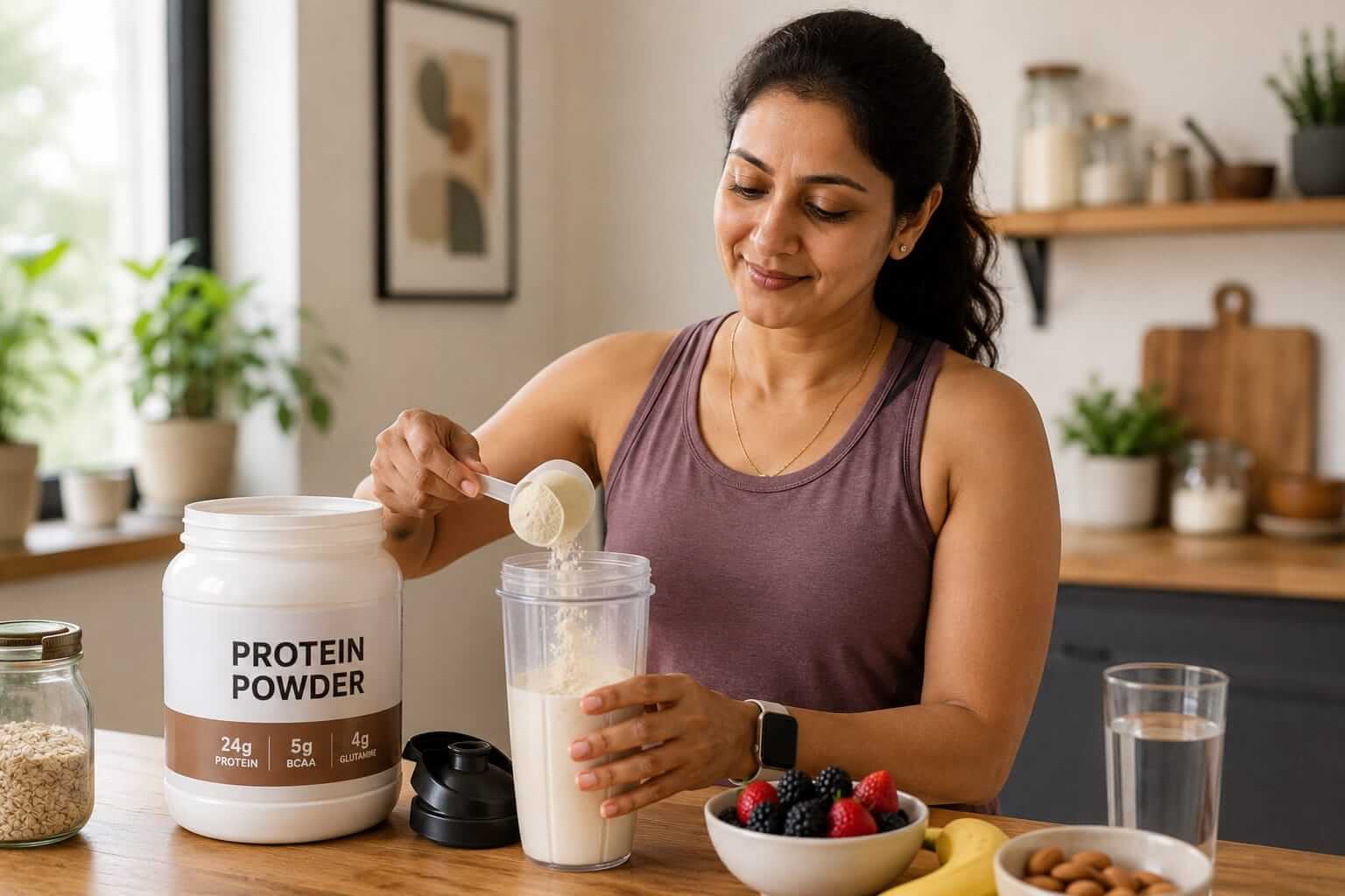 Best protein powder for menopause, Indian woman preparing a protein shake at home