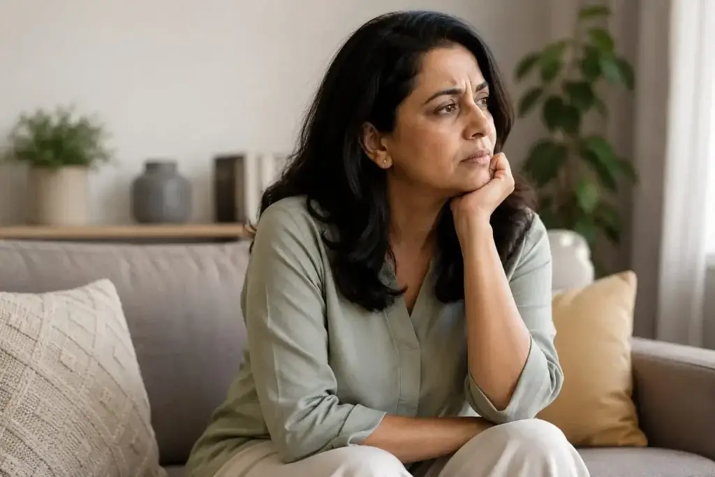 Indian woman in her 40s sitting thoughtfully at home, representing perimenopause age and the menopausal transition.