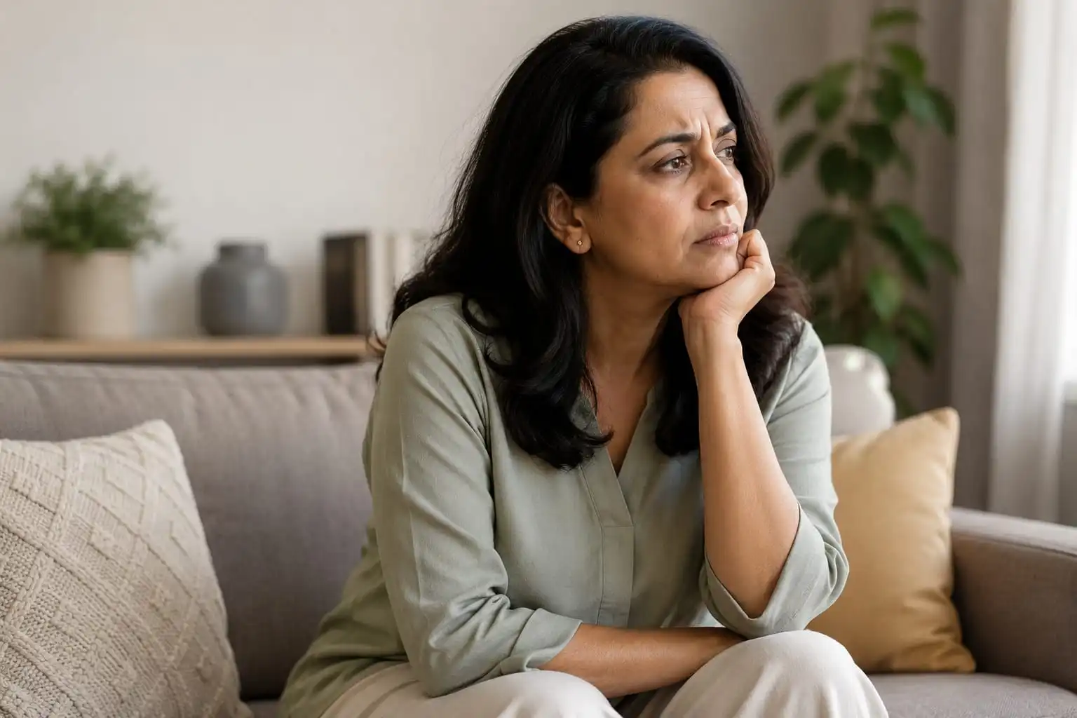 Indian woman in her 40s sitting thoughtfully at home, representing perimenopause age and the menopausal transition.