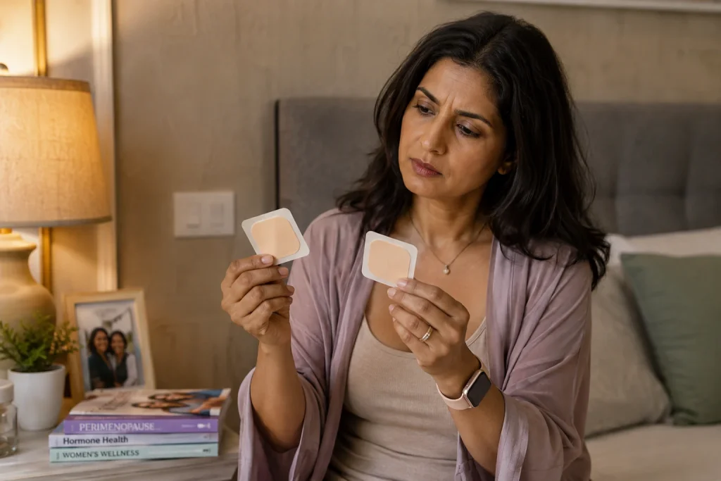 How do estrogen patches work: Indian woman examining estrogen patches for menopause HRT