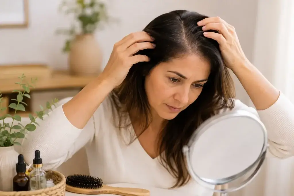 Menopause hair thinning: Woman checking her scalp for hair loss associated with low ferritin and menopause.