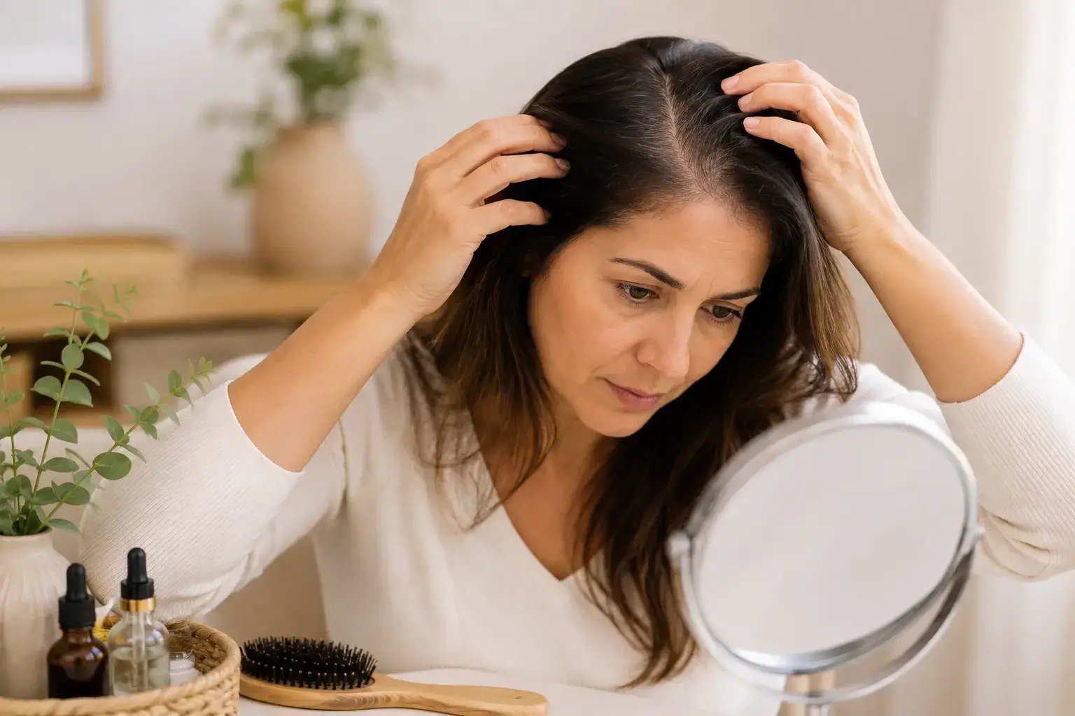Menopause hair thinning: Woman checking her scalp for hair loss associated with low ferritin and menopause.