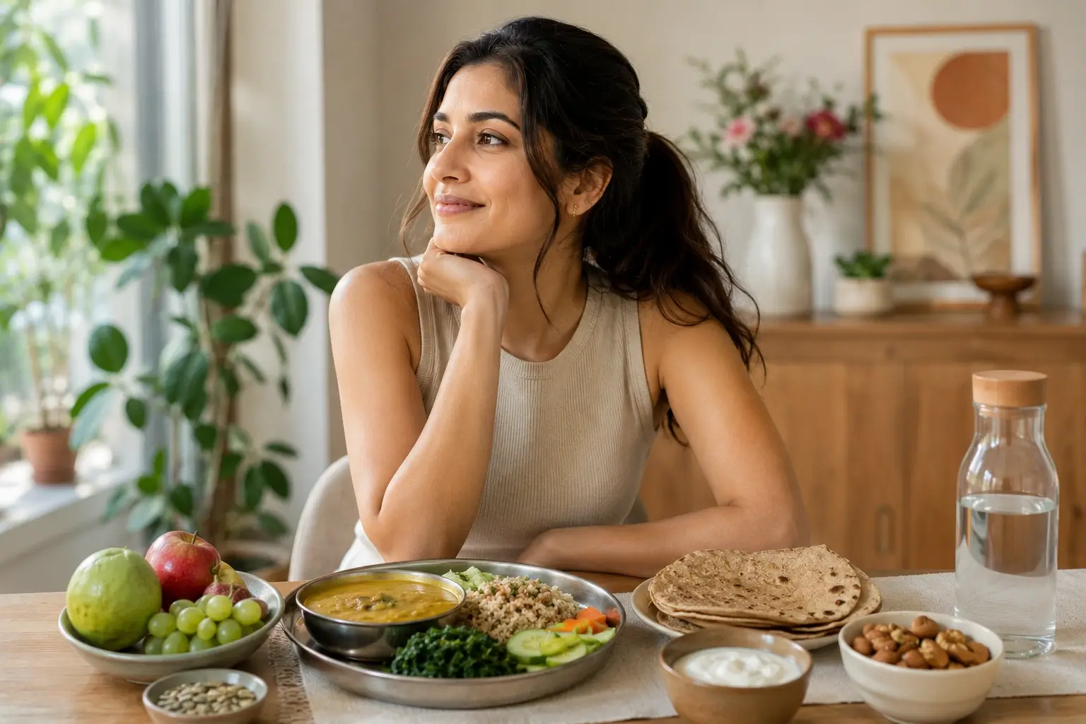 Young Indian woman exploring menopause prevention through healthy nutrition and lifestyle habits