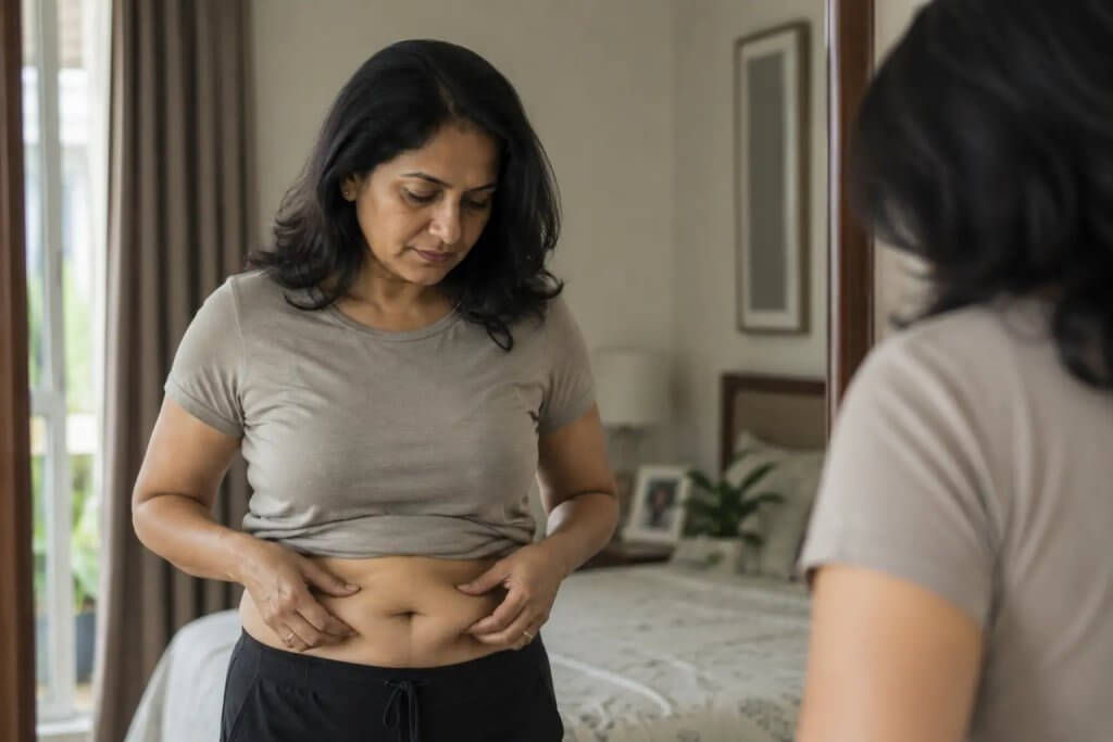 Menopause belly: Indian woman looking at abdominal fat in the mirror during menopause, highlighting visceral fat and hormonal changes.