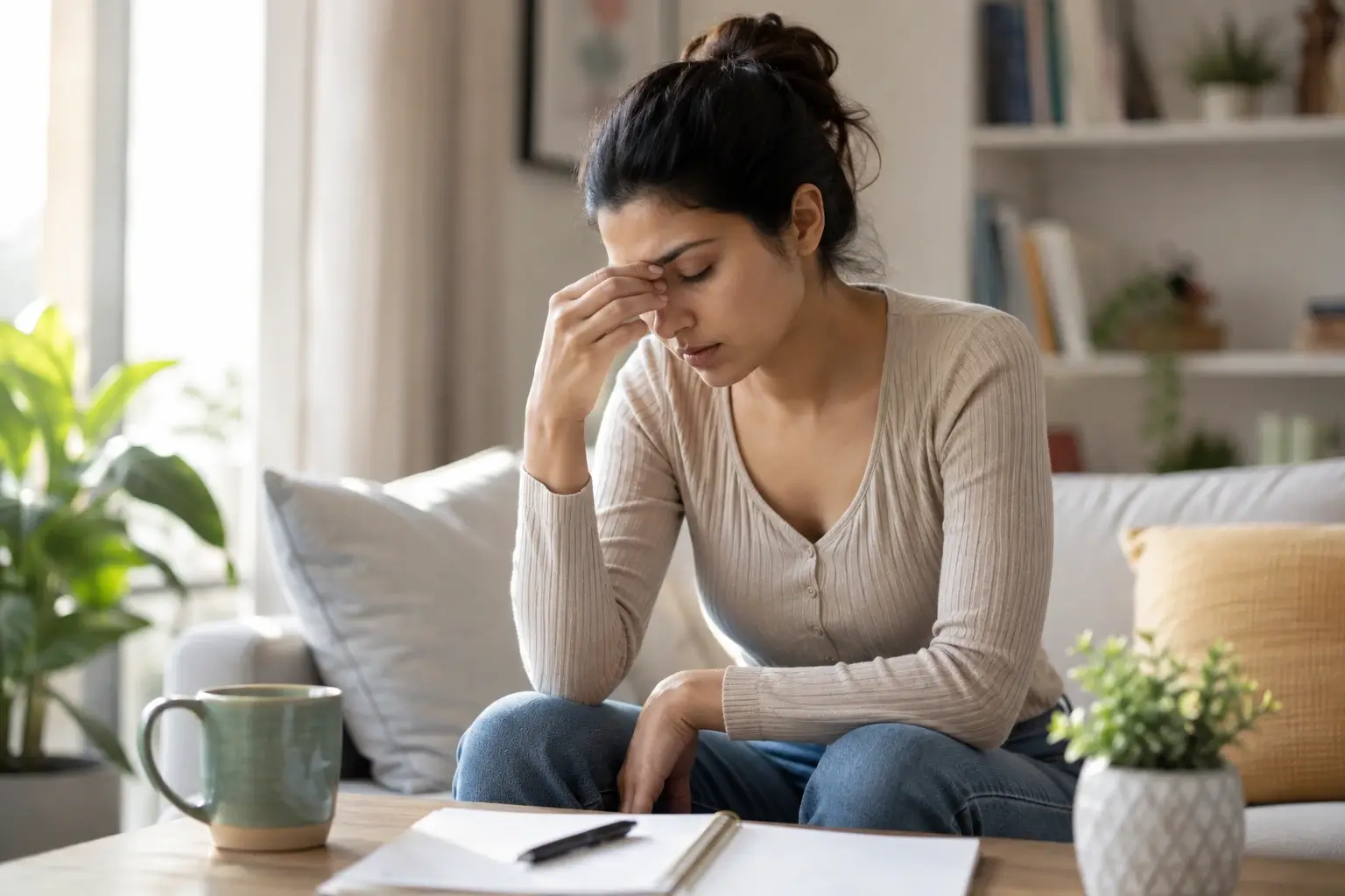Woman looking tired and concerned, representing common signs of hormonal imbalance in women such as fatigue, brain fog, and mood changes.