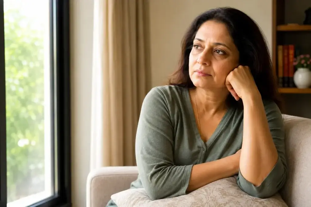 Indian woman reflecting on whether ovaries produce estrogen after menopause