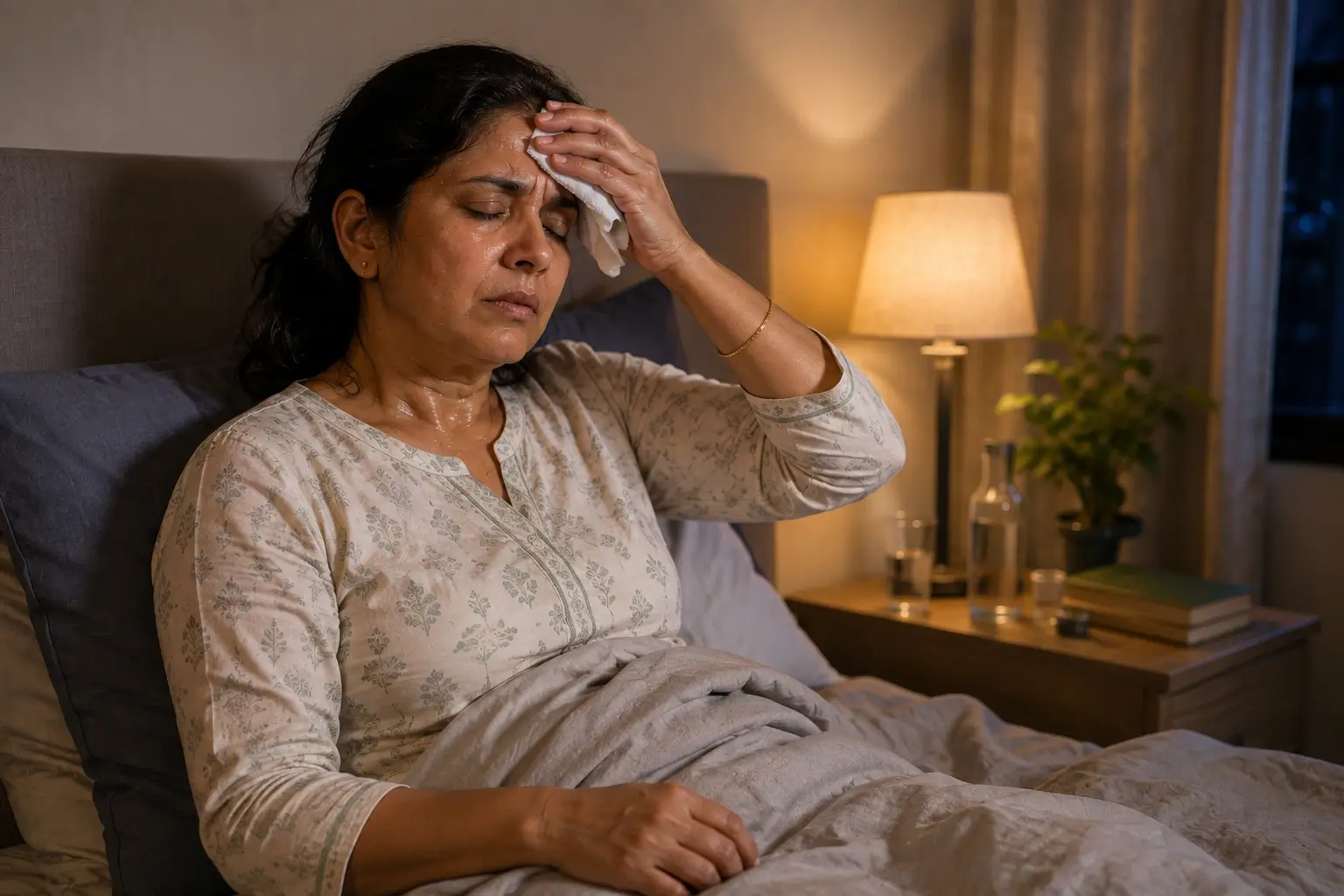 Indian woman experiencing night sweats menopause symptoms while sitting awake in bed