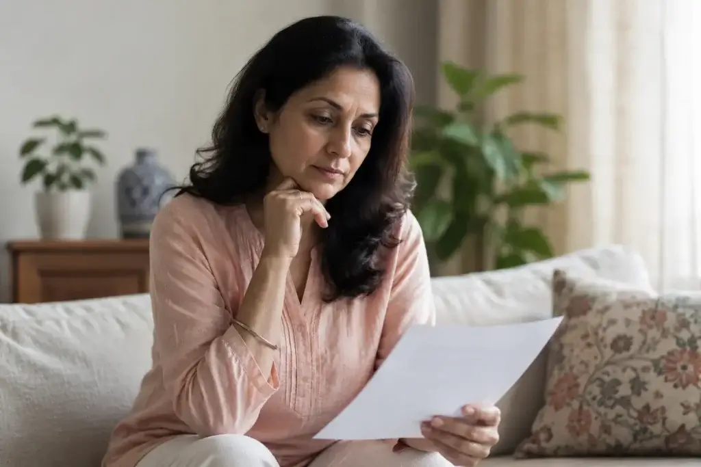 Indian woman reviewing menopause estrogen levels on a blood test