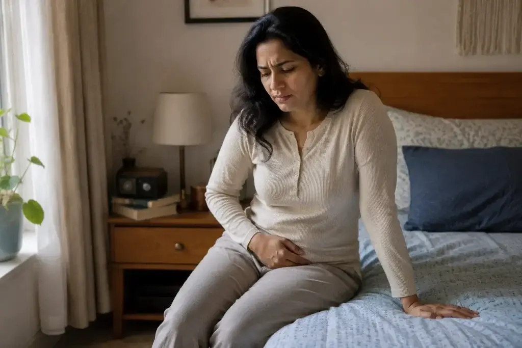 Indian woman experiencing pelvic pain during perimenopause, highlighting endometriosis symptoms