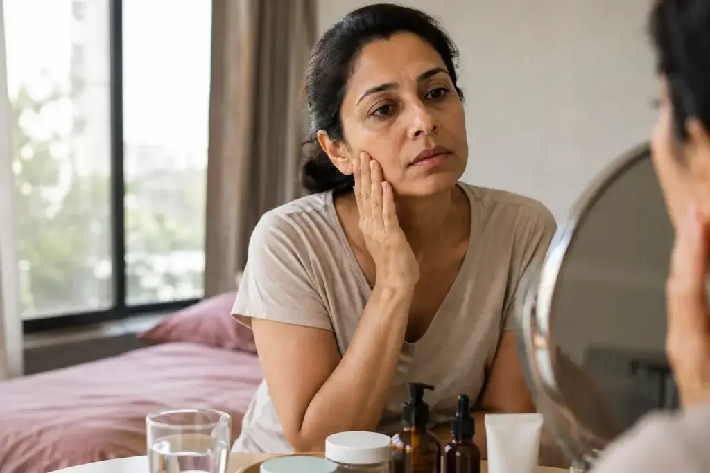 Indian woman examining skin changes related to collagen and menopause