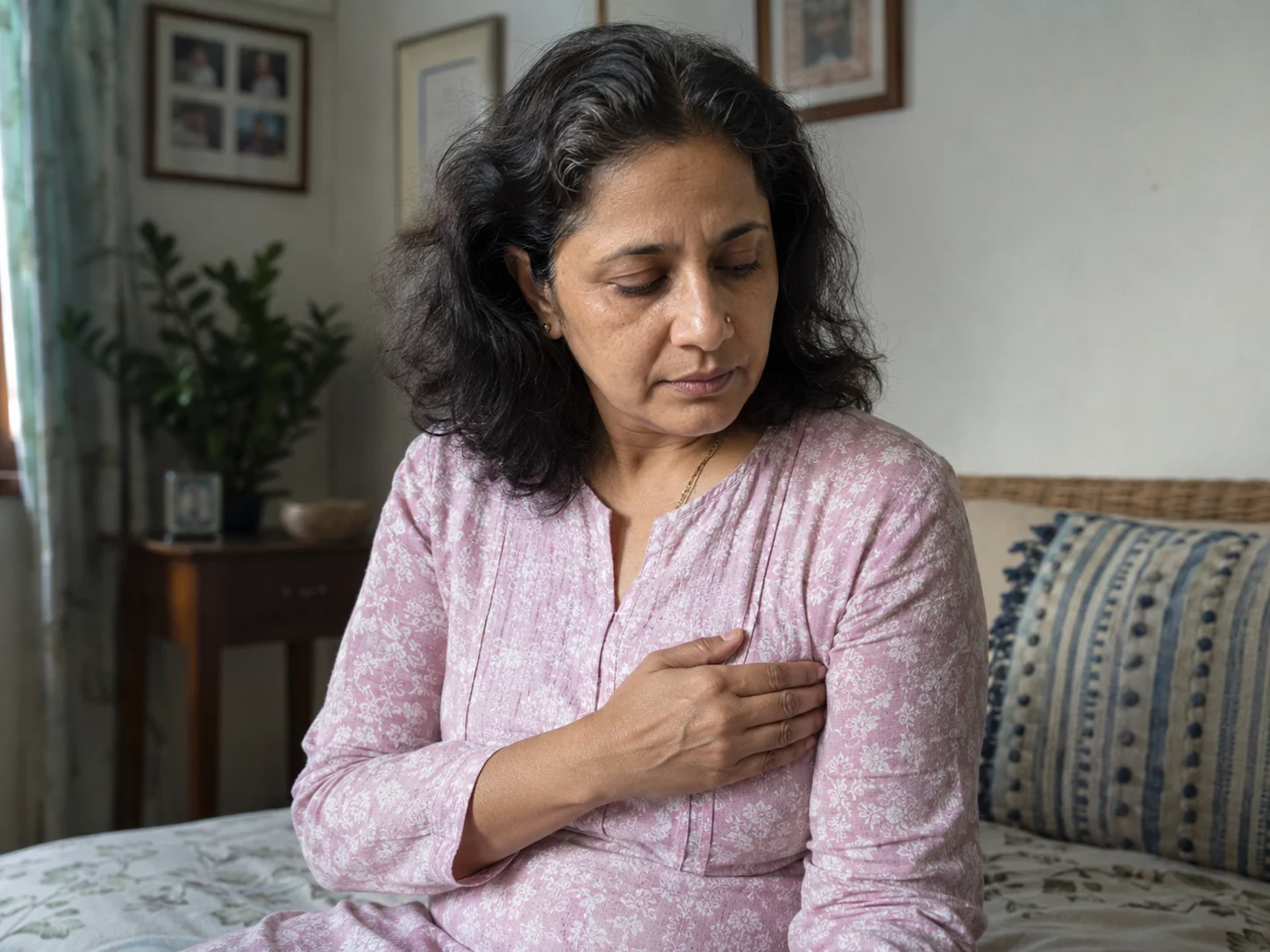 Indian woman experiencing breast and nipple pain during menopause
