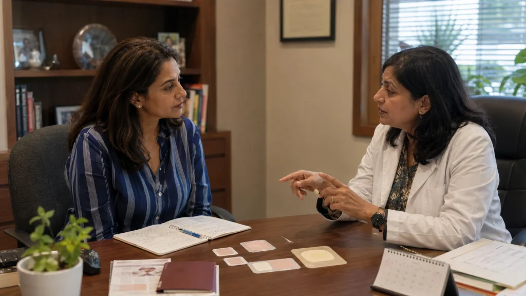 Types of estrogen patches: Indian woman discussing estradiol patch options, doses and schedules with her doctor