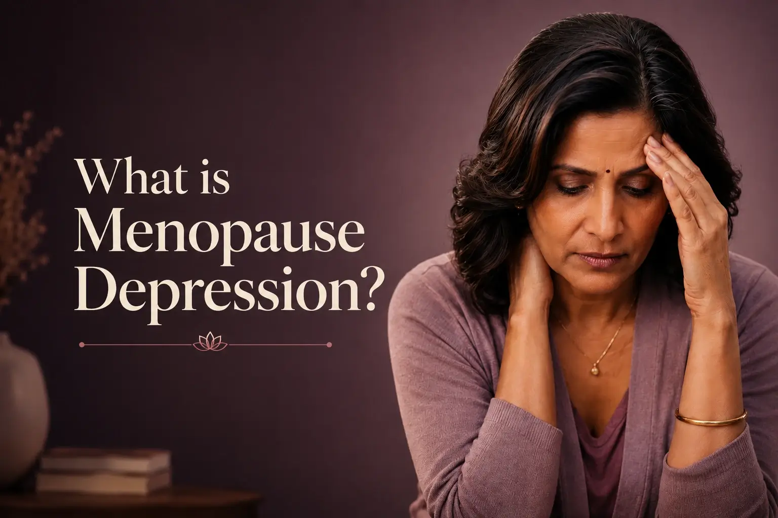 Menopause depression hero image showing an Indian midlife woman looking emotionally overwhelmed, representing low mood, mental health changes, hormonal shifts and depression during menopause.