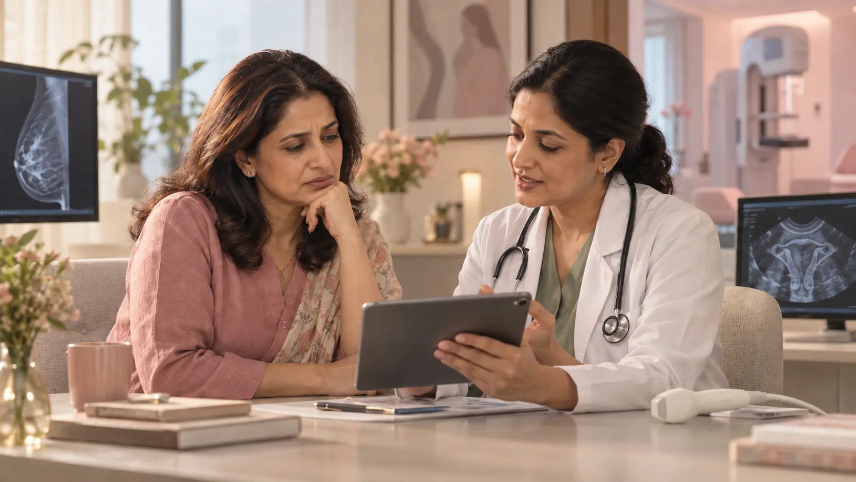 Concerned Indian woman discussing transvaginal ultrasound, mammogram and HRT with a doctor during a menopause consultation