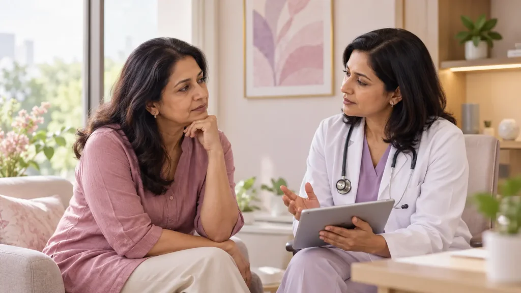 Indian woman discussing estrogen gel and oral HRT options with a menopause doctor