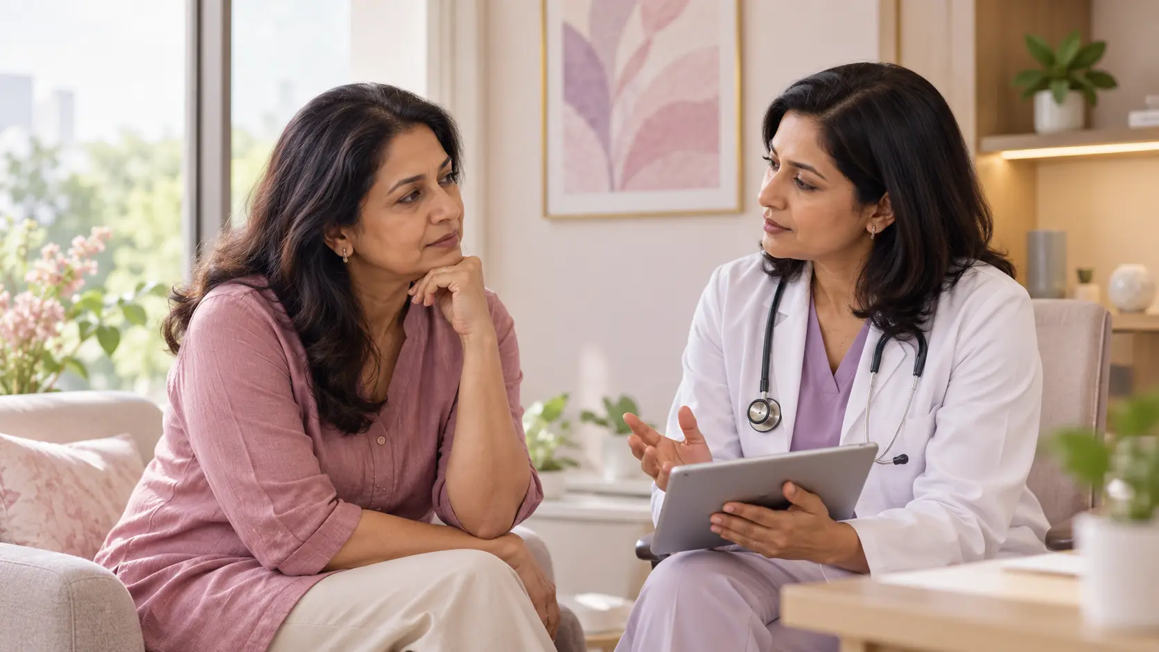 Indian woman discussing estrogen gel and oral HRT options with a menopause doctor