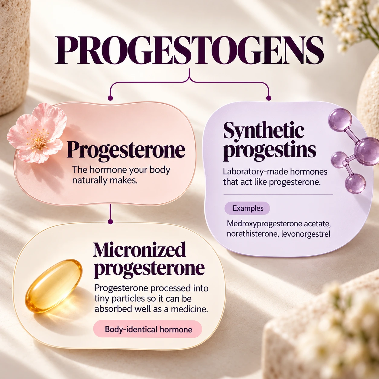 Micronized progesterone vs synthetic progestins infographic explaining progesterone, progestins and their role in HRT.