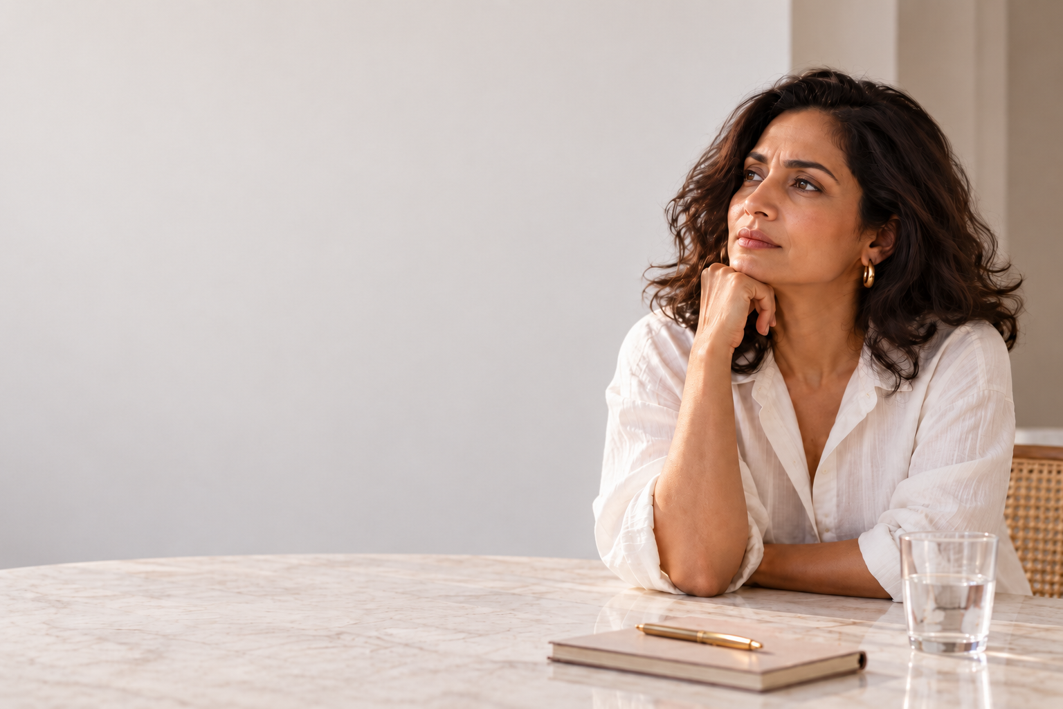 Serious midlife Indian woman considering HRT treatment options, including micronized progesterone and synthetic progestins.