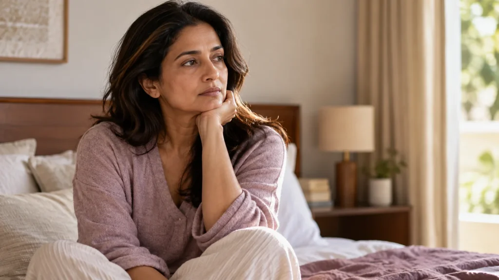 Indian woman in midlife considering estriol cream treatment for vaginal dryness and recurrent UTIs