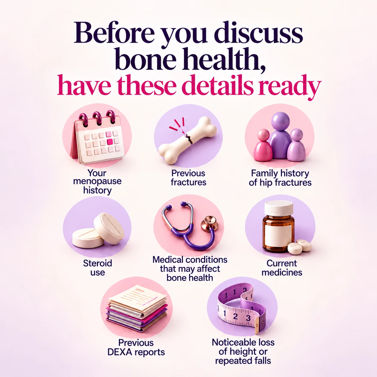 Checklist of information to discuss with a doctor before deciding on a DEXA scan.