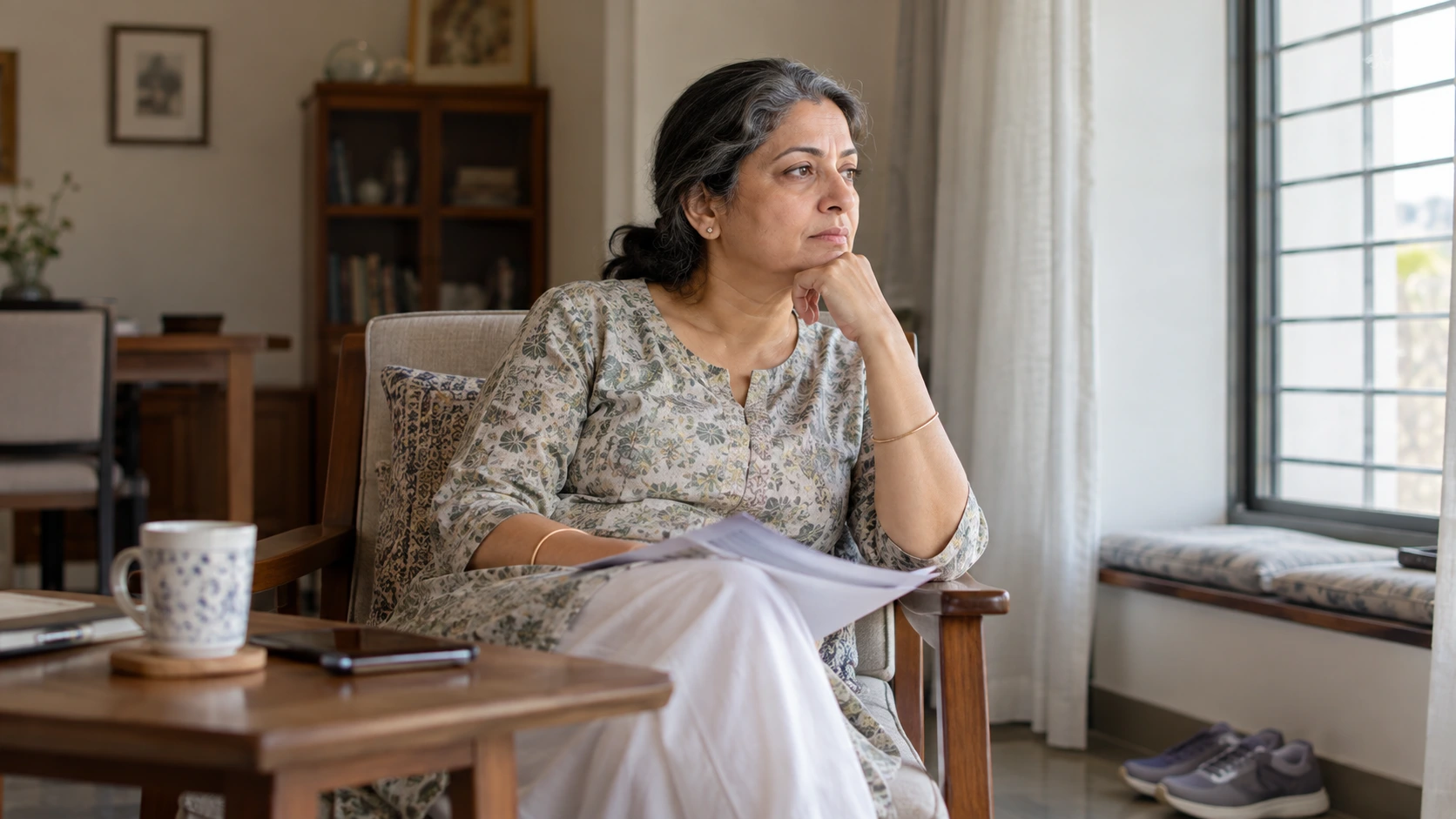 Indian woman in her 50s reflecting on bone health and DEXA screening after menopause