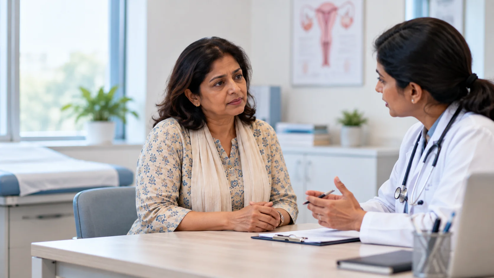 Indian woman discussing estrogen gel availability and menopause HRT with a pharmacist